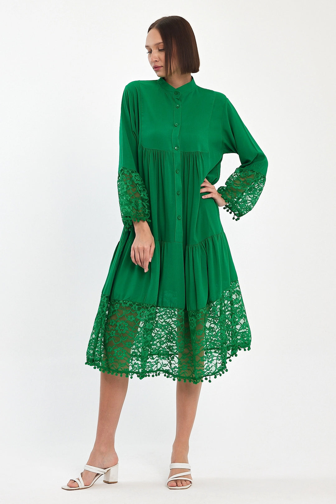 Maxi Boy Green Tulle Detailed Long Woven Viscose Dress BCVL-25983 - Coesfeld