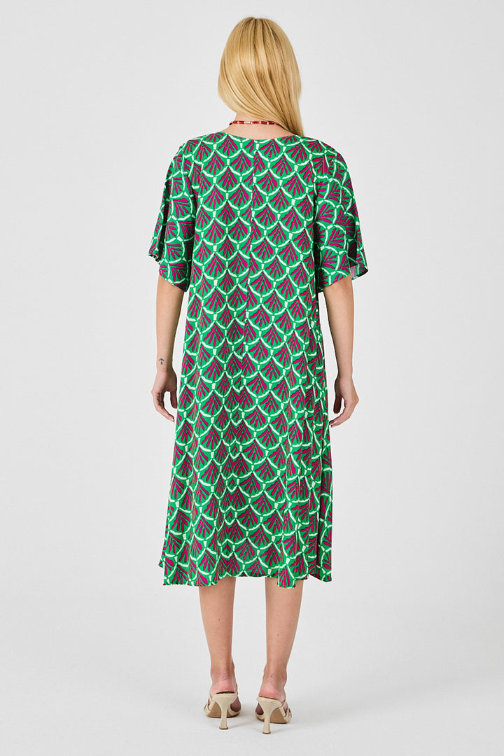 Green U Neck Short Sleeve Midi Length Patterned Dress BCVL-254010 - Omaha