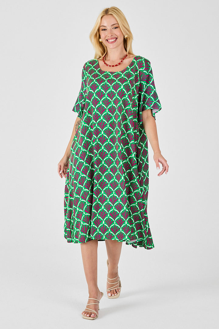 Green U Neck Short Sleeve Midi Length Patterned Dress BCVL-254010 - Omaha