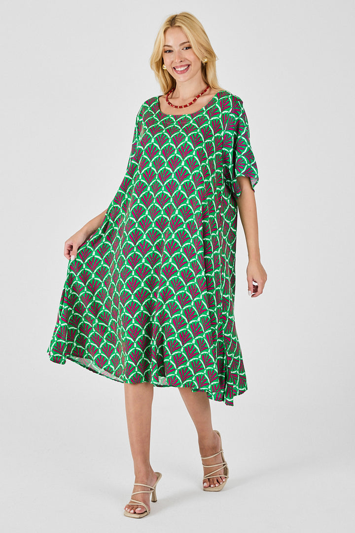 Green U Neck Short Sleeve Midi Length Patterned Dress BCVL-254010 - Omaha