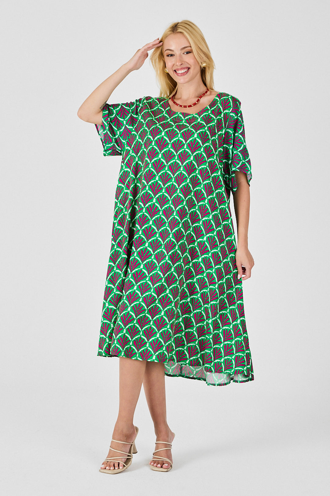 Green U Neck Short Sleeve Midi Length Patterned Dress BCVL-254010 - Omaha
