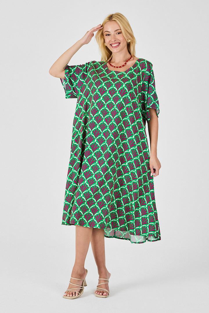 Green U Neck Short Sleeve Midi Length Patterned Dress BCVL-254010 - Omaha