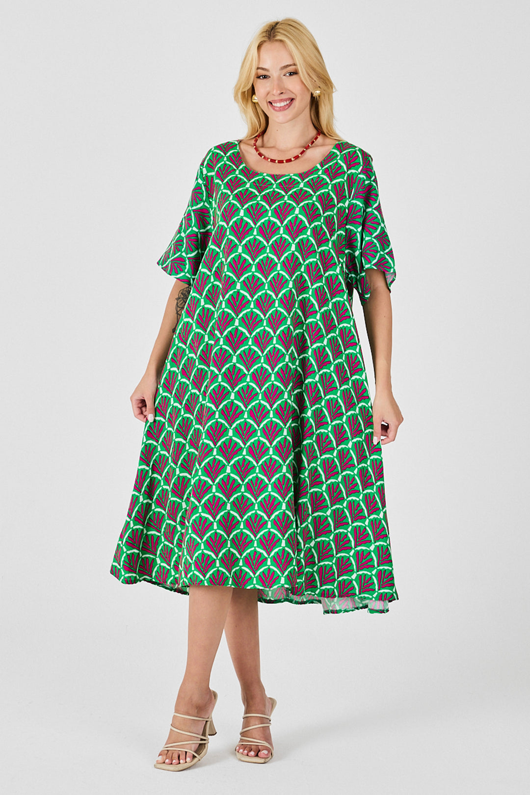 Green U Neck Short Sleeve Midi Length Patterned Dress BCVL-254010 - Omaha