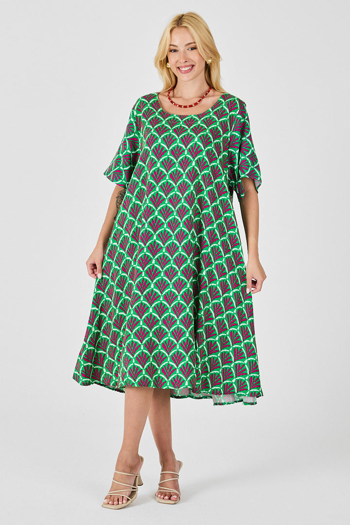 Green U Neck Short Sleeve Midi Length Patterned Dress BCVL-254010 - Omaha