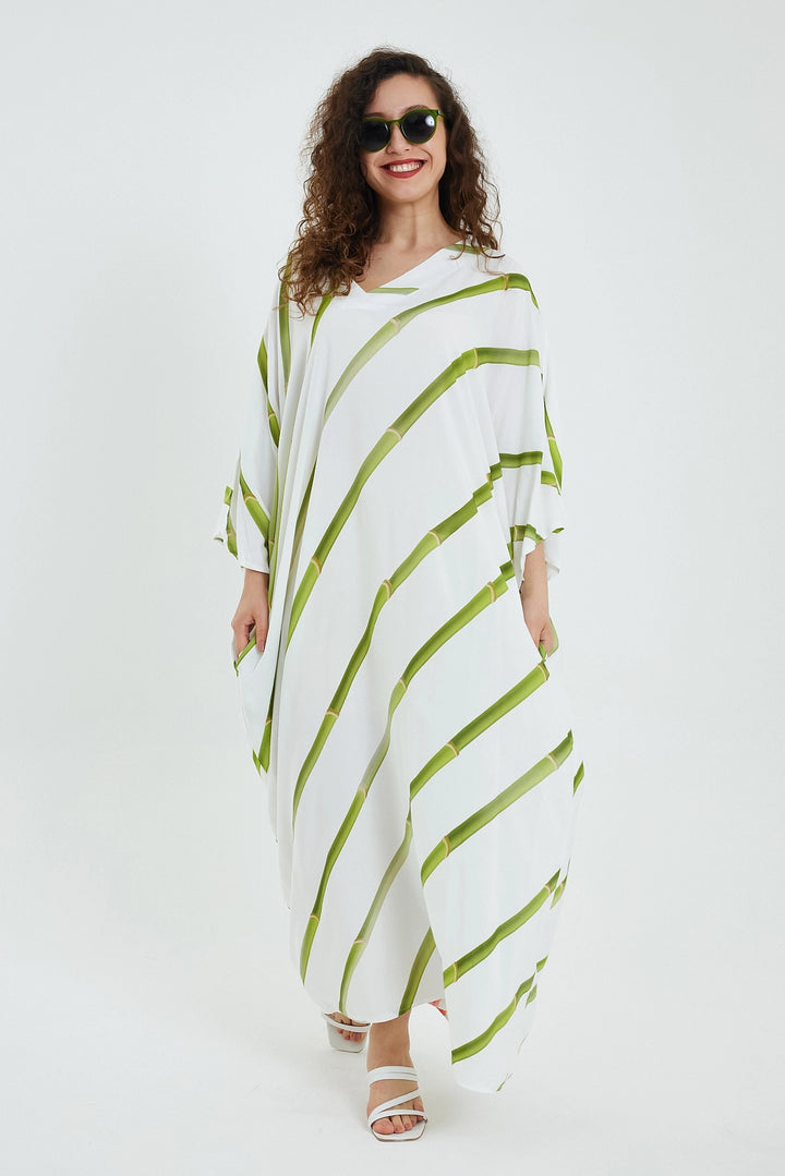 Maxi Boy Green V-Neck Striped Loose Woven Dress BCVL-24932 - Springville