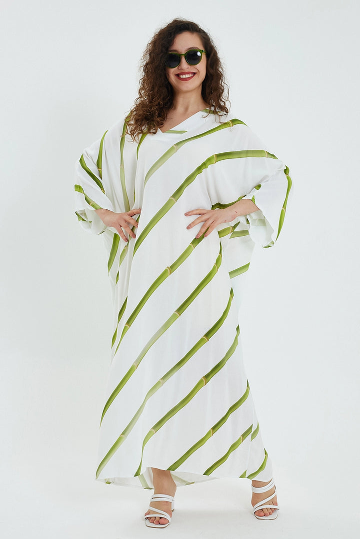 Maxi Boy Green V-Neck Striped Loose Woven Dress BCVL-24932 - Springville