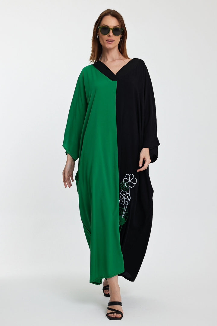 Maxi Boy Green V-Neck Embroidered Color Block Long Shirt Dress BCVL-24958 - Youngstown