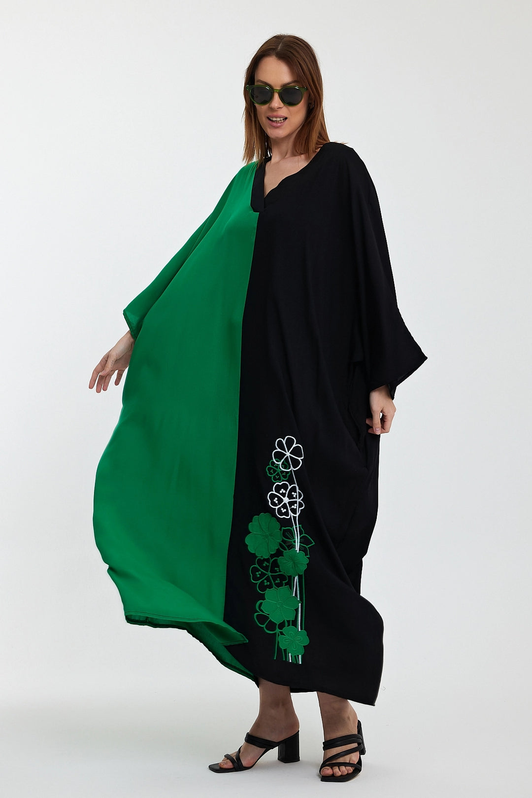 Maxi Boy Green V-Neck Embroidered Color Block Long Shirt Dress BCVL-24958 - Youngstown