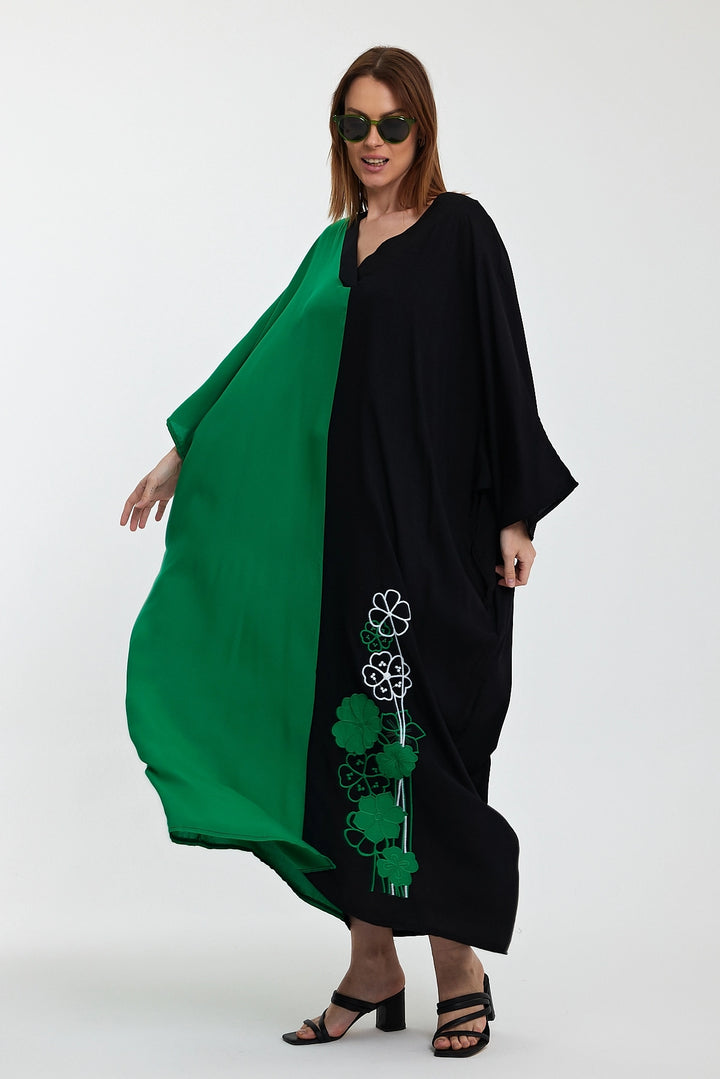 Maxi Boy Green V-Neck Embroidered Color Block Long Shirt Dress BCVL-24958 - Youngstown