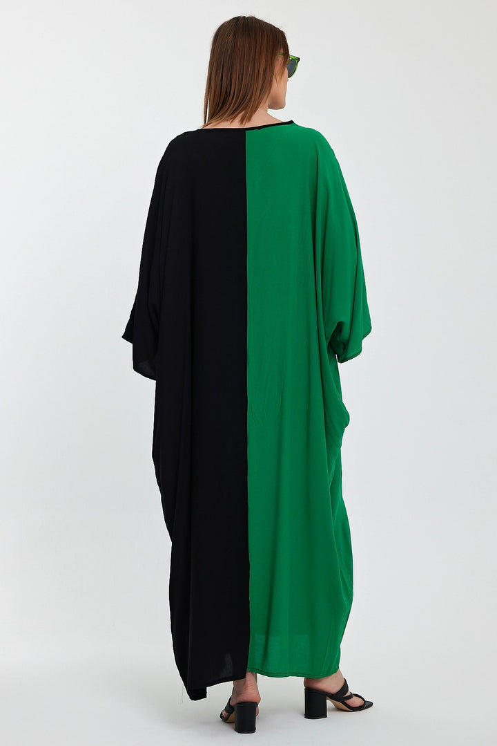 Maxi Boy Green V-Neck Embroidered Color Block Long Shirt Dress BCVL-24958 - Youngstown