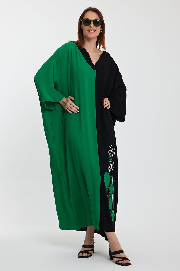 Maxi Boy Green V-Neck Embroidered Color Block Long Shirt Dress BCVL-24958 - Youngstown