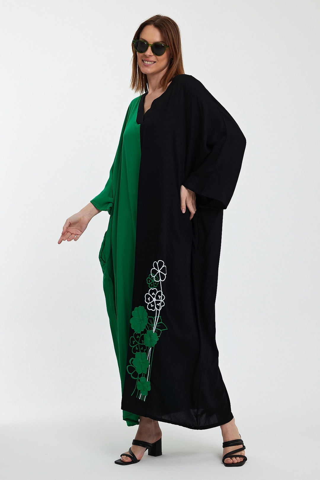 Maxi Boy Green V-Neck Embroidered Color Block Long Shirt Dress BCVL-24958 - Youngstown