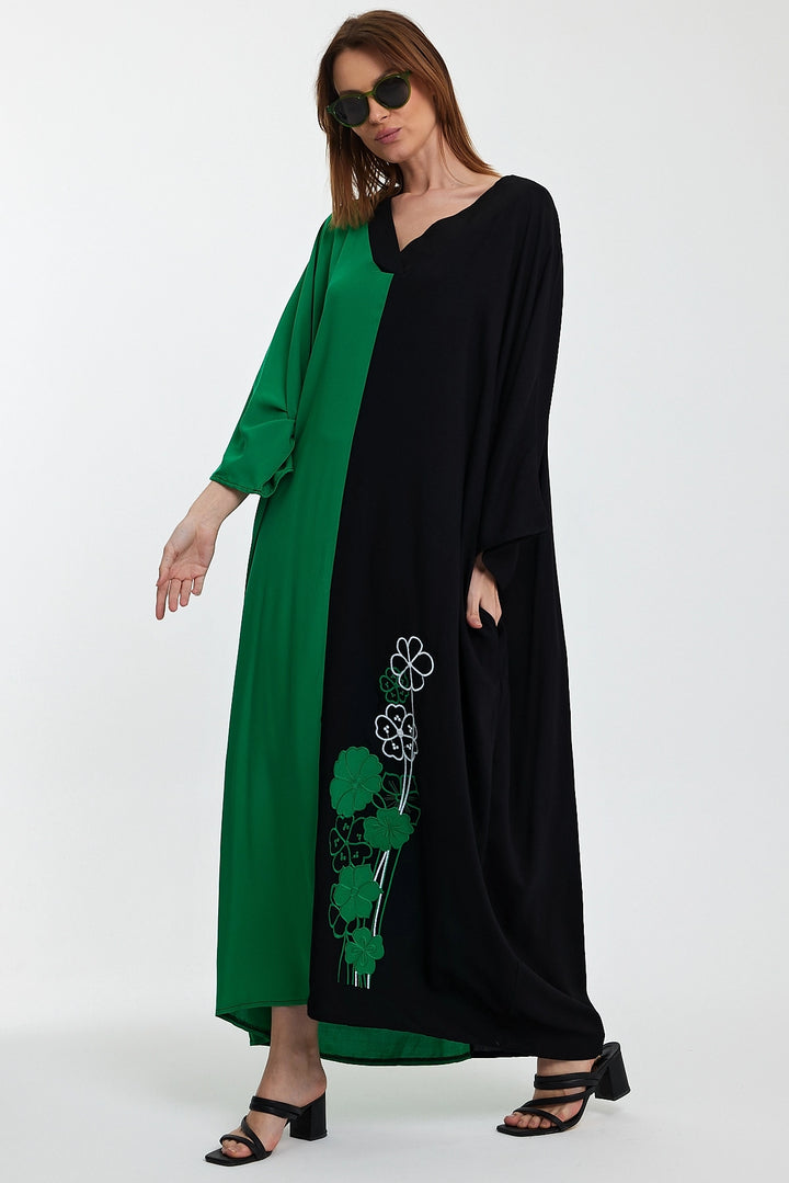 Maxi Boy Green V-Neck Embroidered Color Block Long Shirt Dress BCVL-24958 - Youngstown