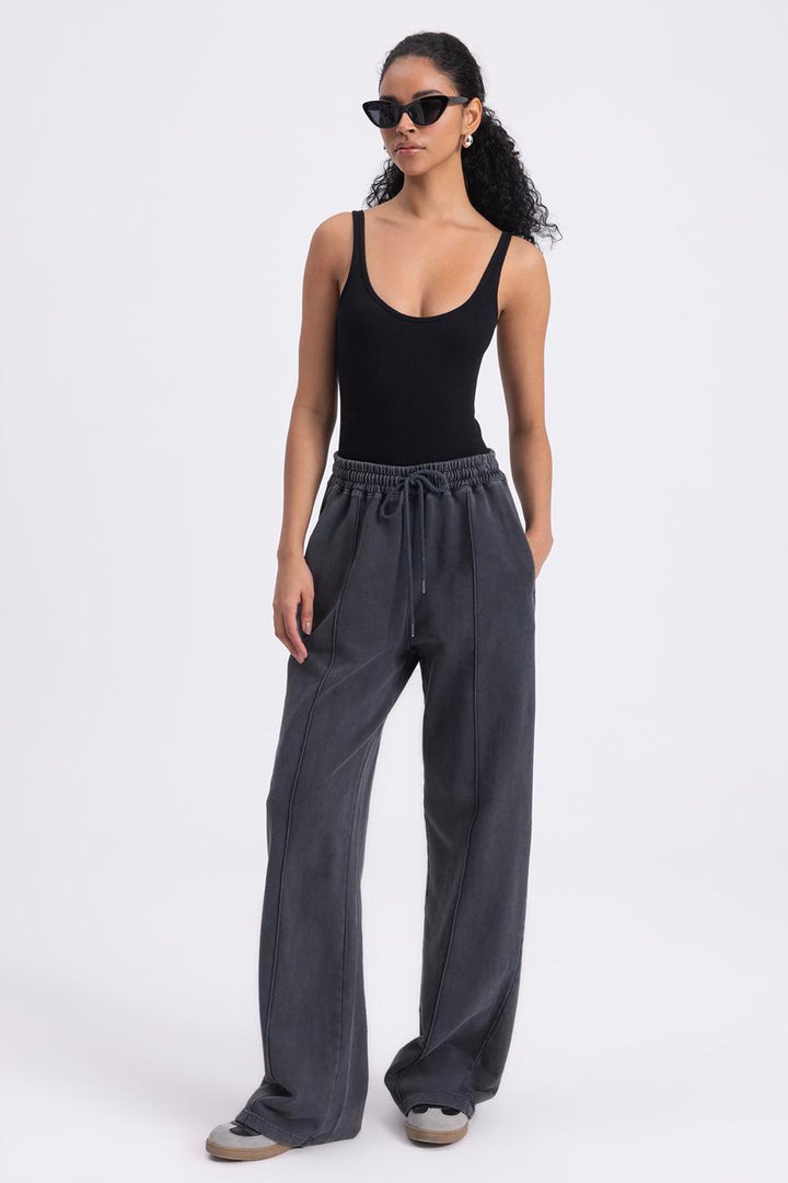BSL Women Washed Rib Stitching Detailed Trousers - Leesburg