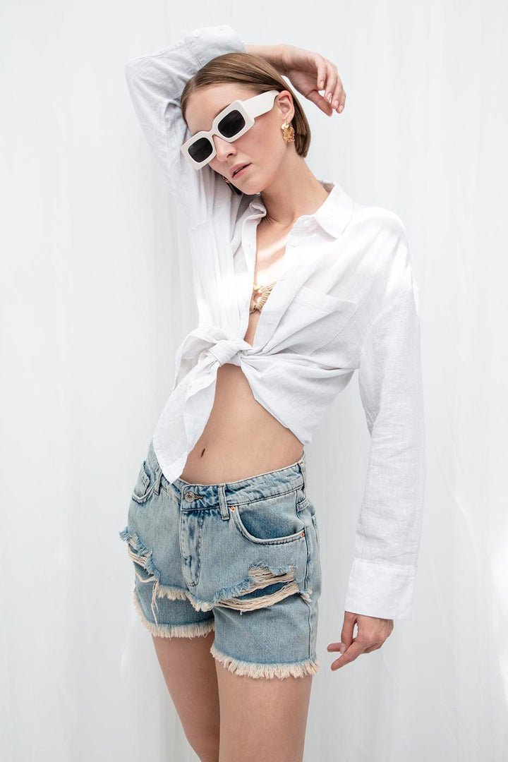 BSL Women Frayed Denim Mini Shorts - Troy