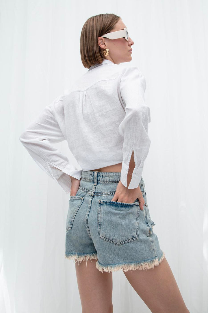 BSL Women Frayed Denim Mini Shorts - Troy
