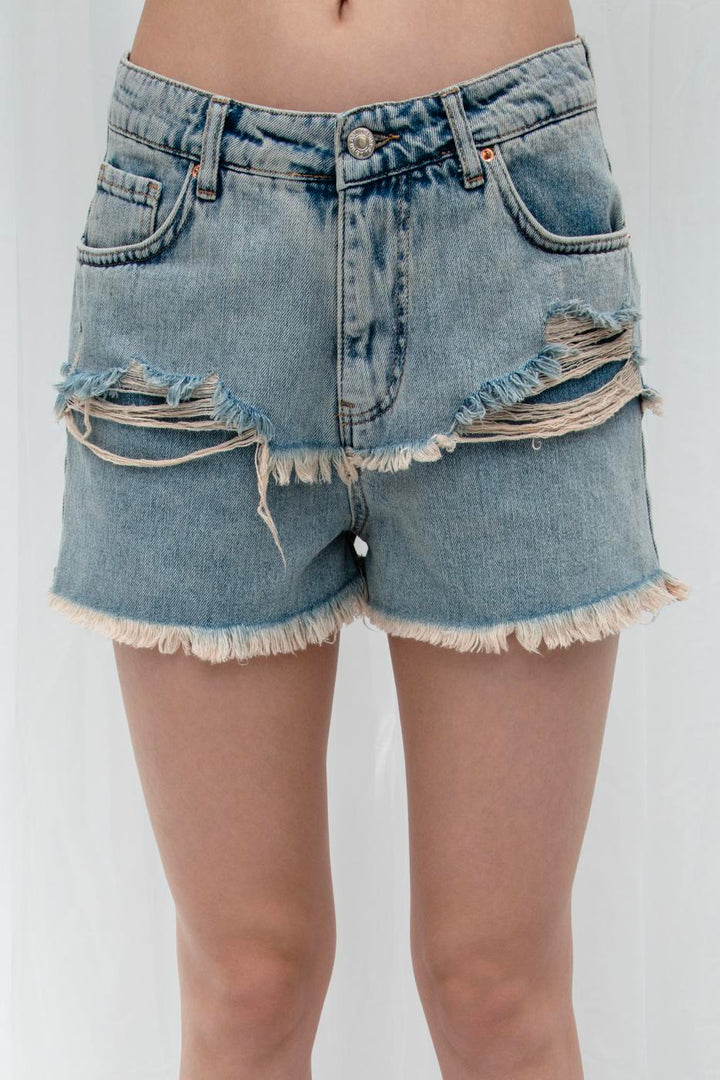 BSL Women Frayed Denim Mini Shorts - Troy