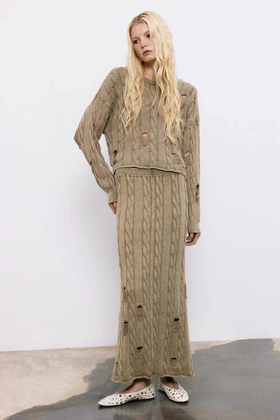 BSL Women Frayed Braided Knitwear Midi Pencil Skirt - Mesquite