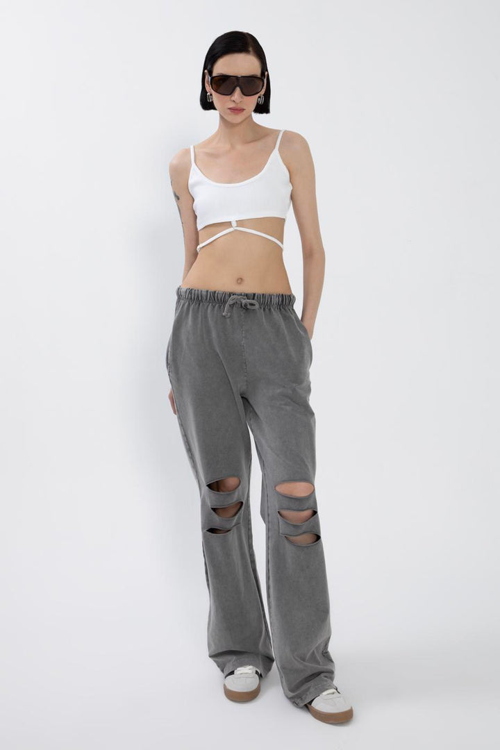 BSL Women Ripped Detailed Straight Leg Trousers - Massy