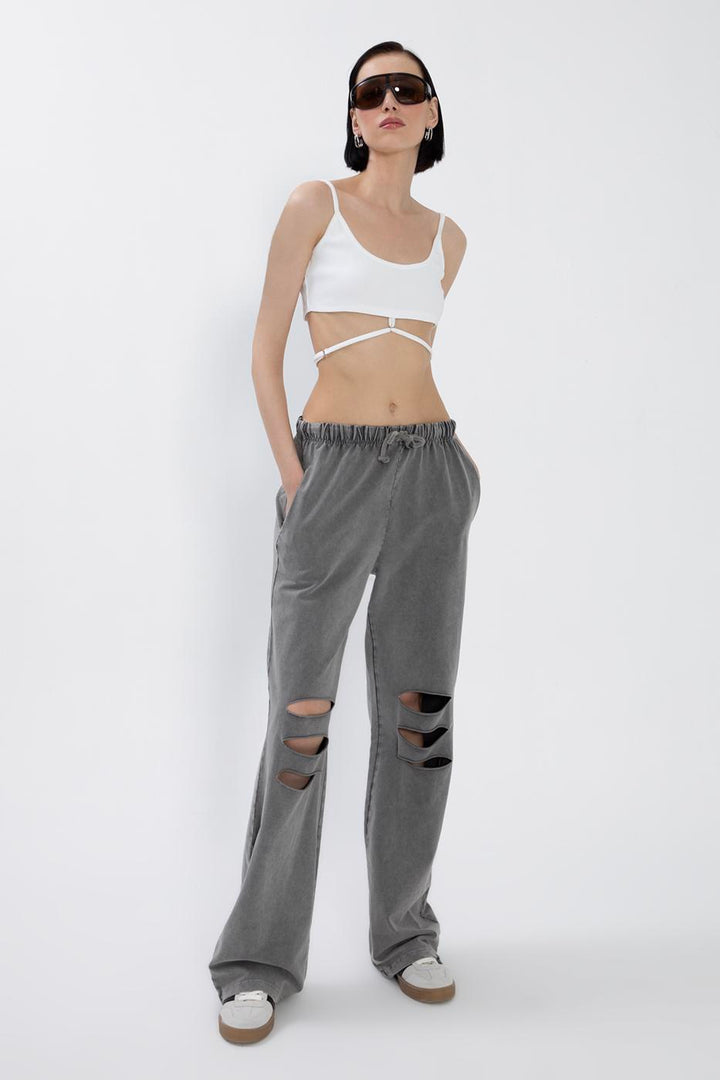 BSL Women Ripped Detailed Straight Leg Trousers - Massy