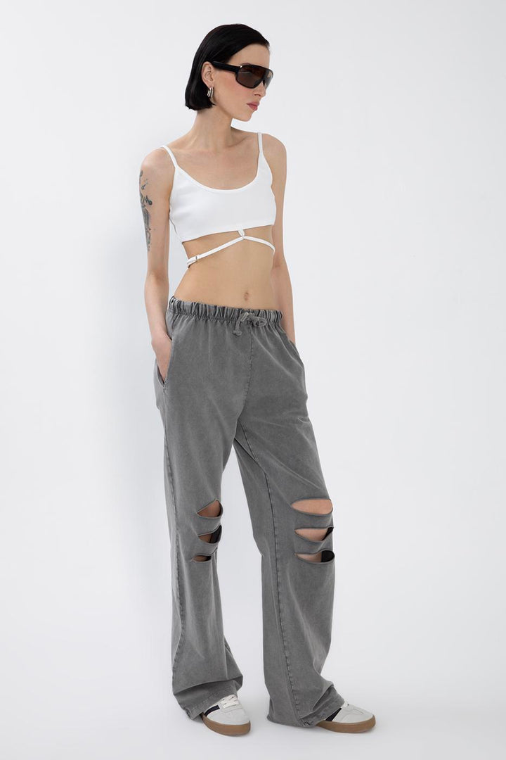 BSL Women Ripped Detailed Straight Leg Trousers - Massy