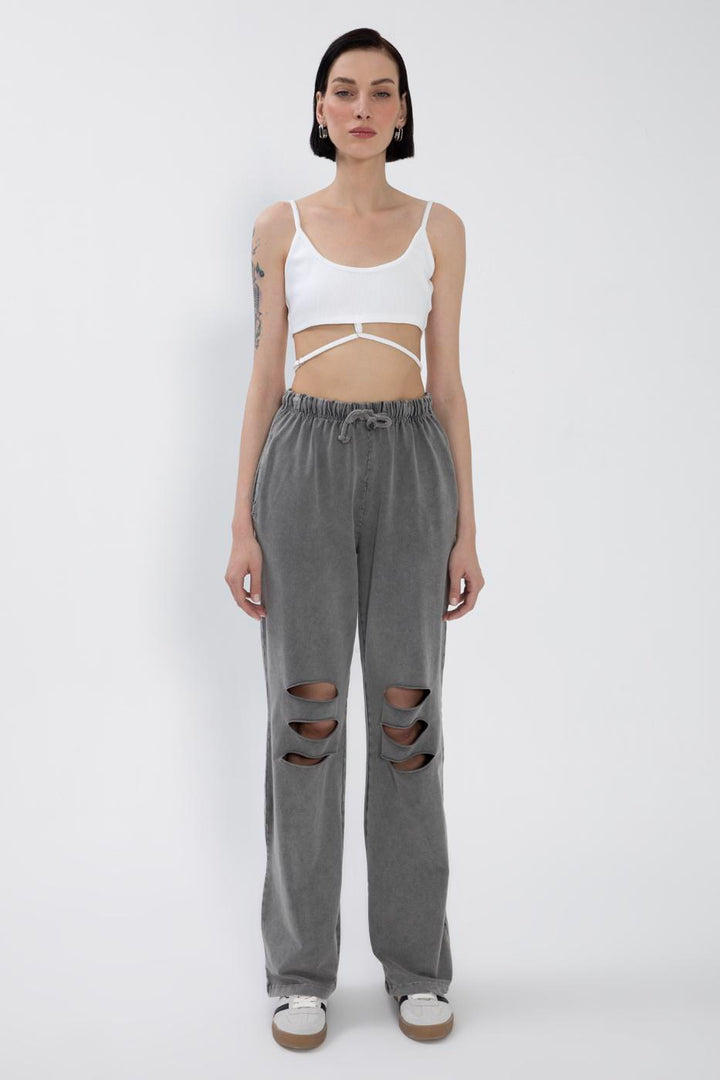 BSL Women Ripped Detailed Straight Leg Trousers - Massy