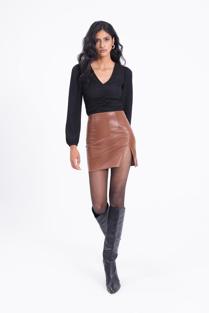 BSL Women Faux leather midi skirt with slit - Acharnés