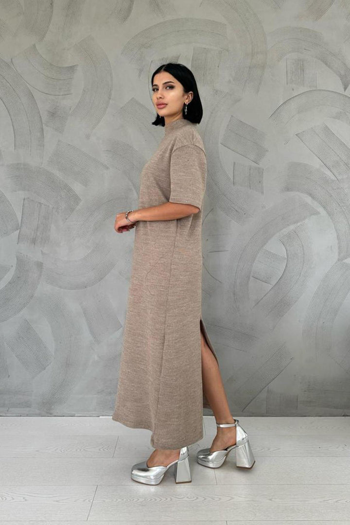 ELS Slit Detail Collared Dress - Beige - Le Perreux-Sur-Marne