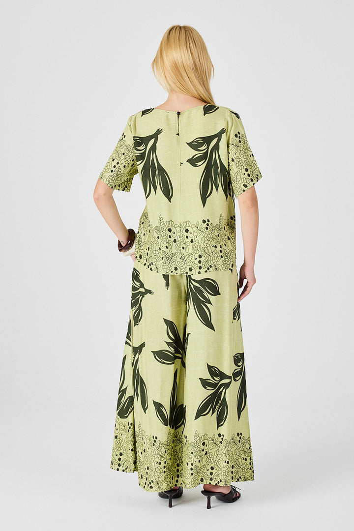 Olive Green Leaf Patterned Oversized Blouse and Wide Leg Pants Set BCVL-254029 - Culver City