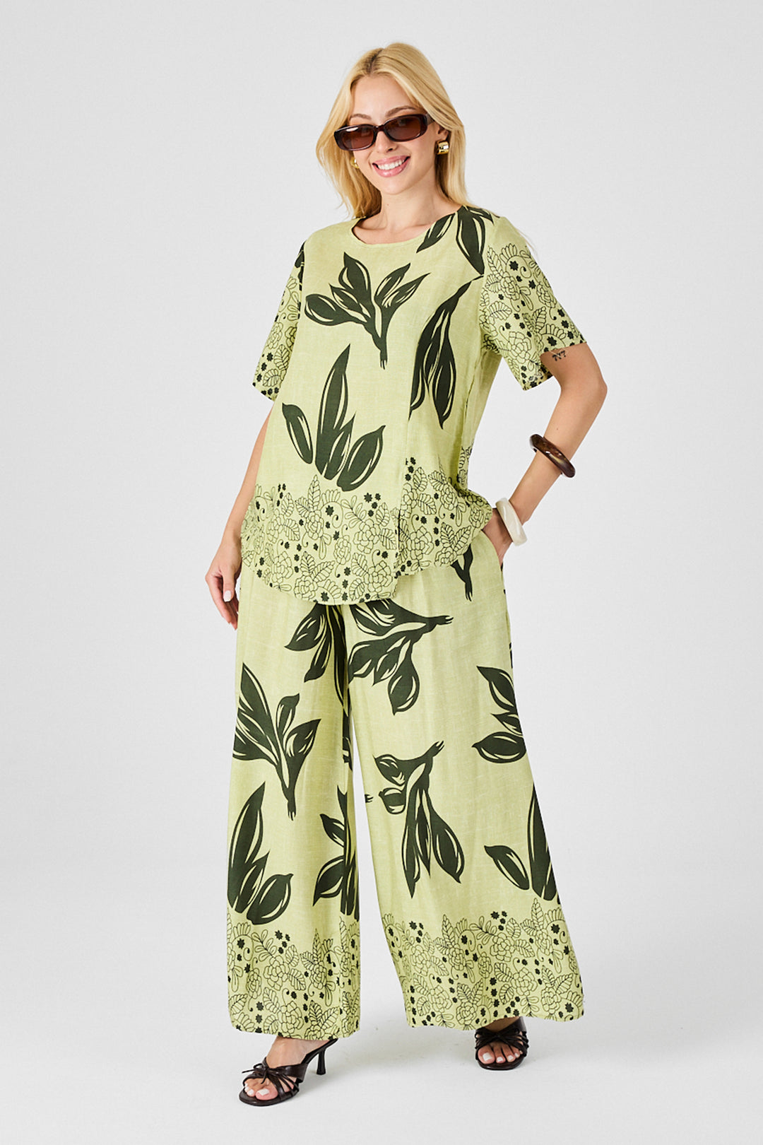 Olive Green Leaf Patterned Oversized Blouse and Wide Leg Pants Set BCVL-254029 - Culver City
