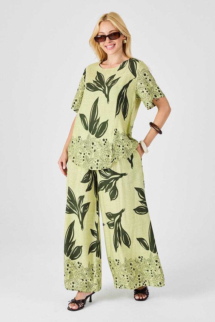 Olive Green Leaf Patterned Oversized Blouse and Wide Leg Pants Set BCVL-254029 - Culver City