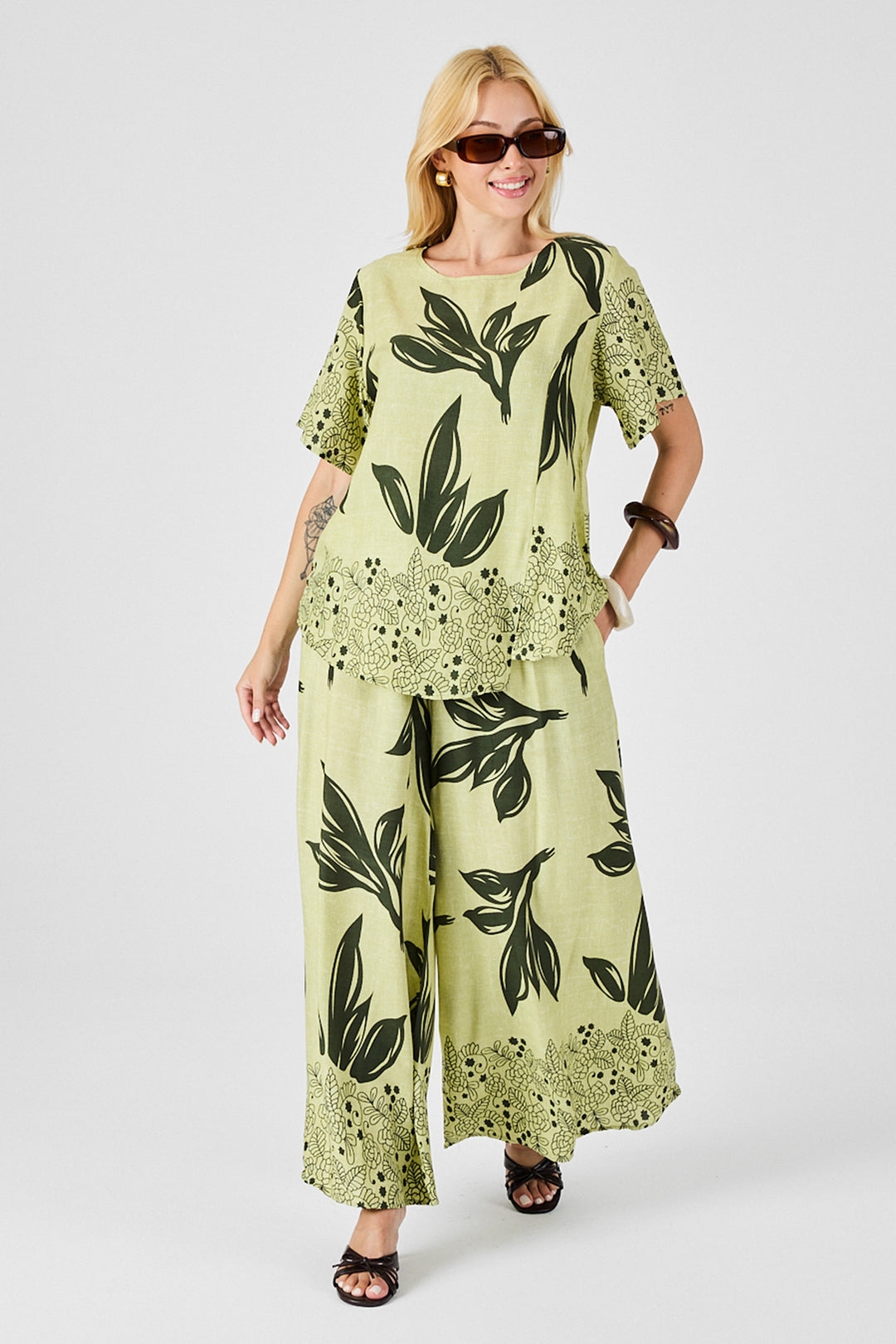 Olive Green Leaf Patterned Oversized Blouse and Wide Leg Pants Set BCVL-254029 - Culver City