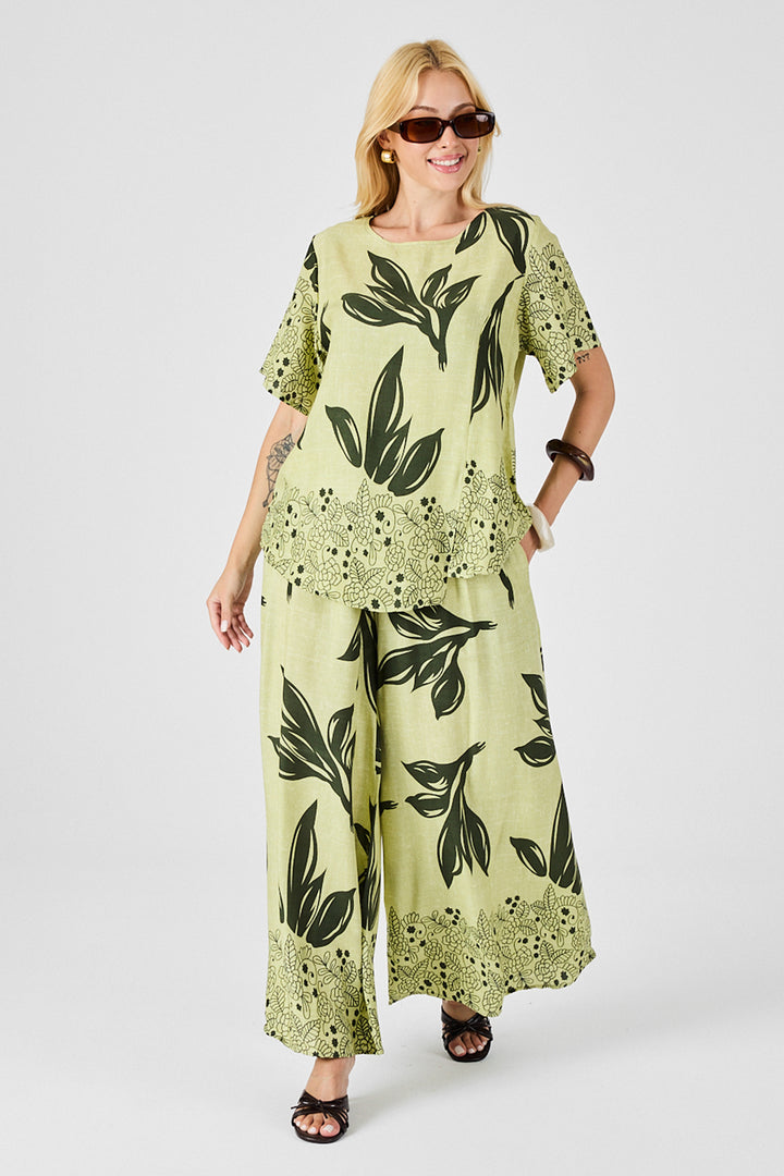 Olive Green Leaf Patterned Oversized Blouse and Wide Leg Pants Set BCVL-254029 - Culver City