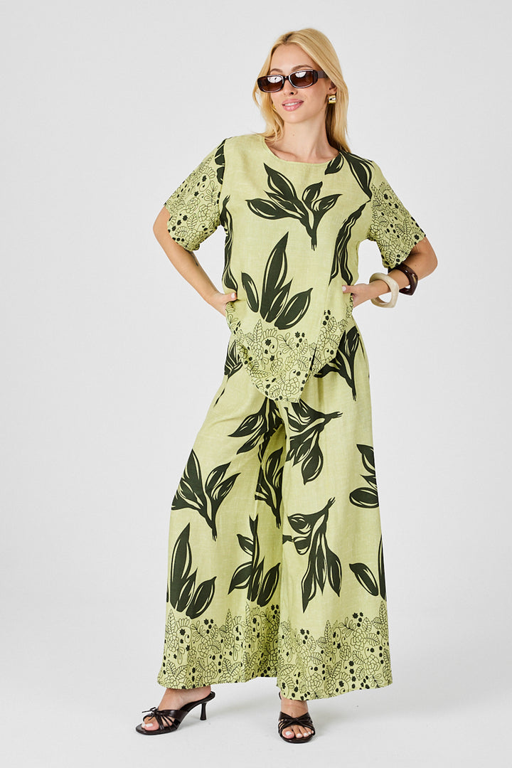 Olive Green Leaf Patterned Oversized Blouse and Wide Leg Pants Set BCVL-254029 - Culver City