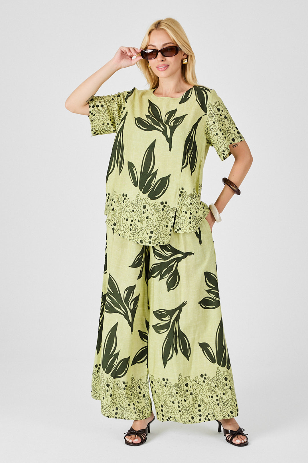 Olive Green Leaf Patterned Oversized Blouse and Wide Leg Pants Set BCVL-254029 - Culver City