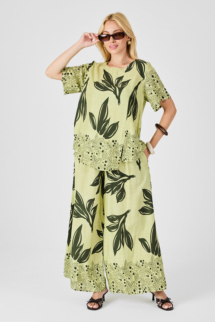 Olive Green Leaf Patterned Oversized Blouse and Wide Leg Pants Set BCVL-254029 - Culver City