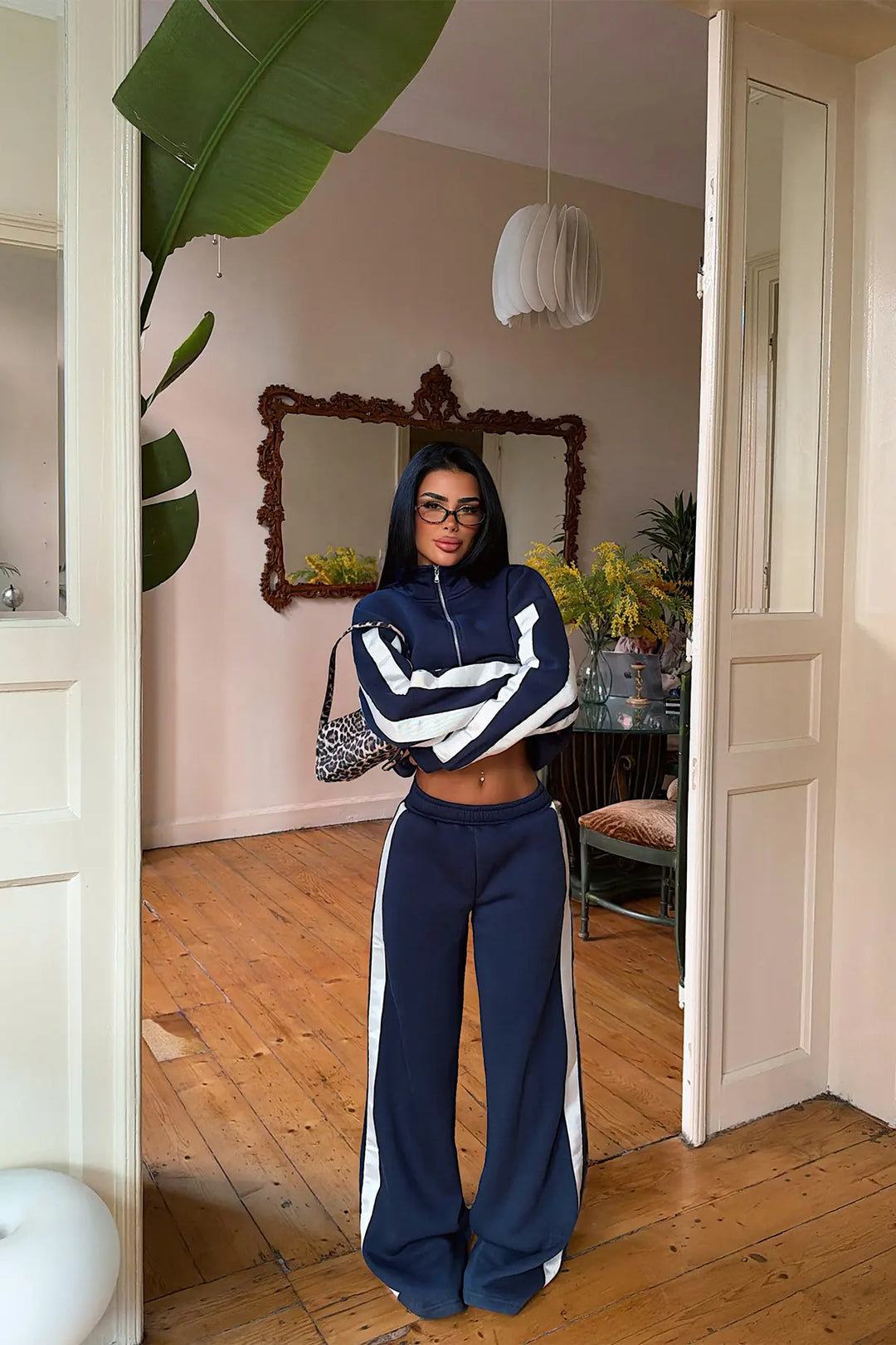 EYY Women Navy Blue Tracksuit Set with Stripe Detail - Del Rio