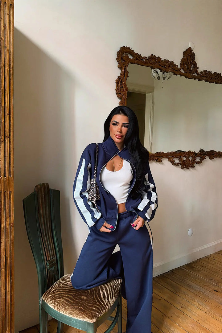 EYY Women Navy Blue Tracksuit Set with Stripe Detail - Del Rio