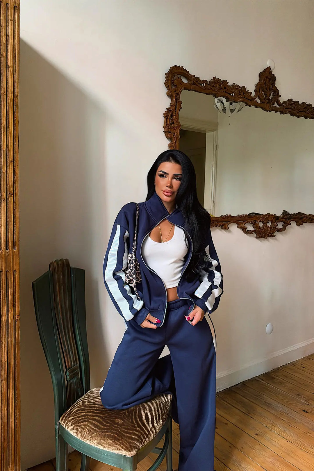 EYY Women Navy Blue Tracksuit Set with Stripe Detail - Del Rio