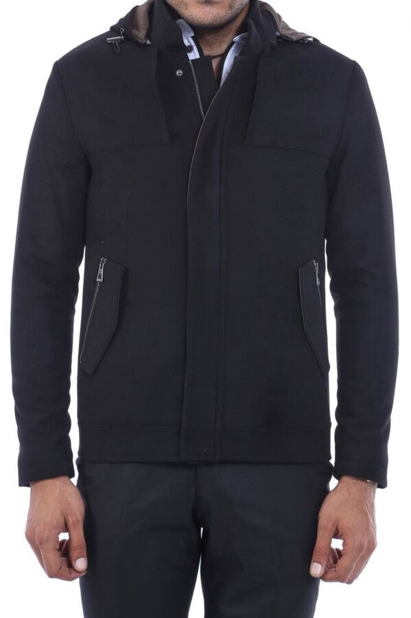 WSS Zippered Sleeve Hooded Black Men Coat  - Slonim