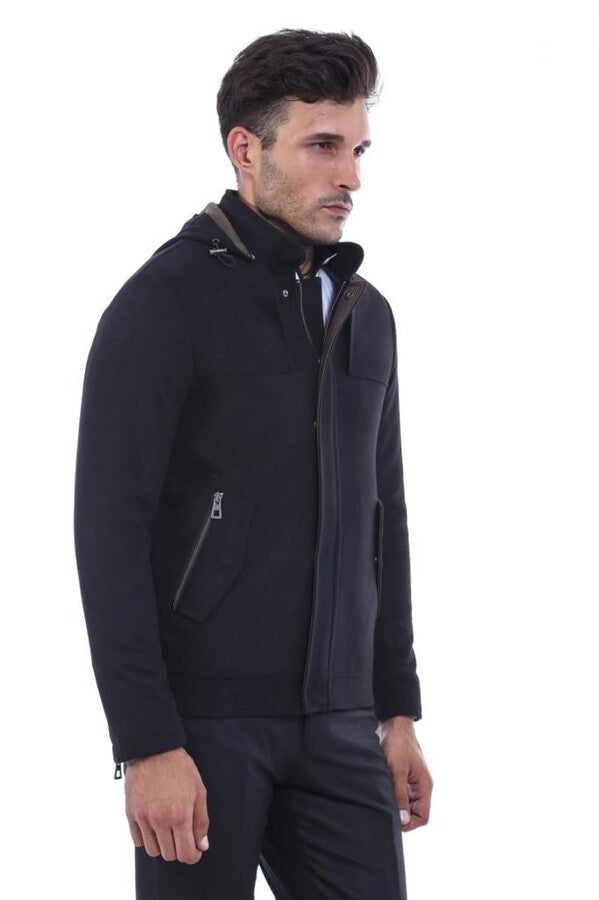 WSS Zippered Sleeve Hooded Black Men Coat  - Slonim