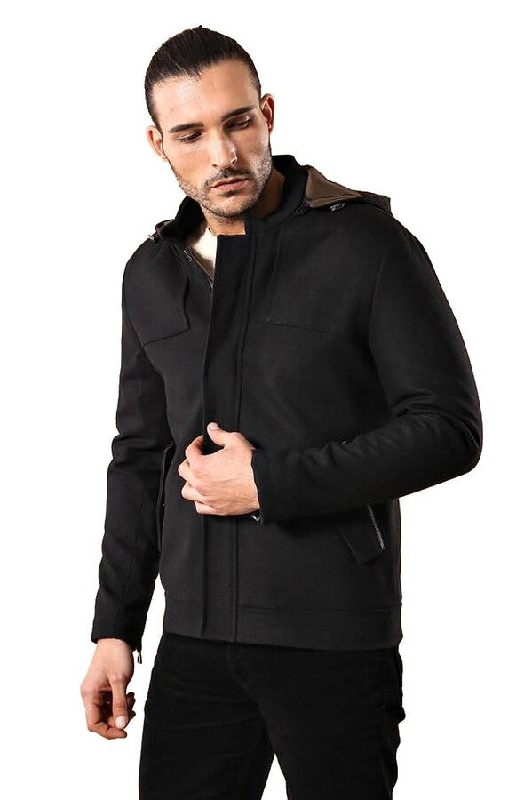 WSS Zippered Sleeve Hooded Black Men Coat  - Slonim