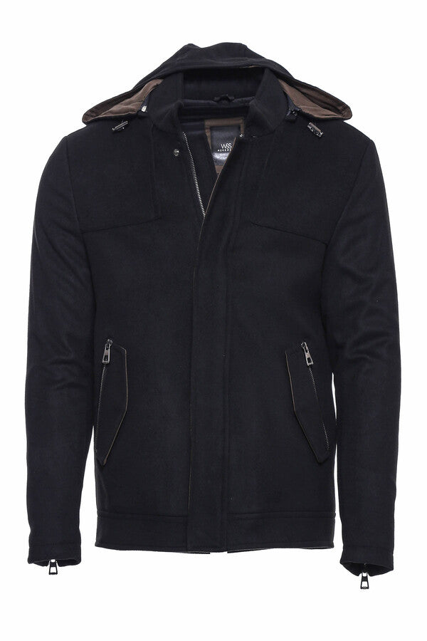 WSS Zippered Sleeve Hooded Black Men Coat  - Slonim