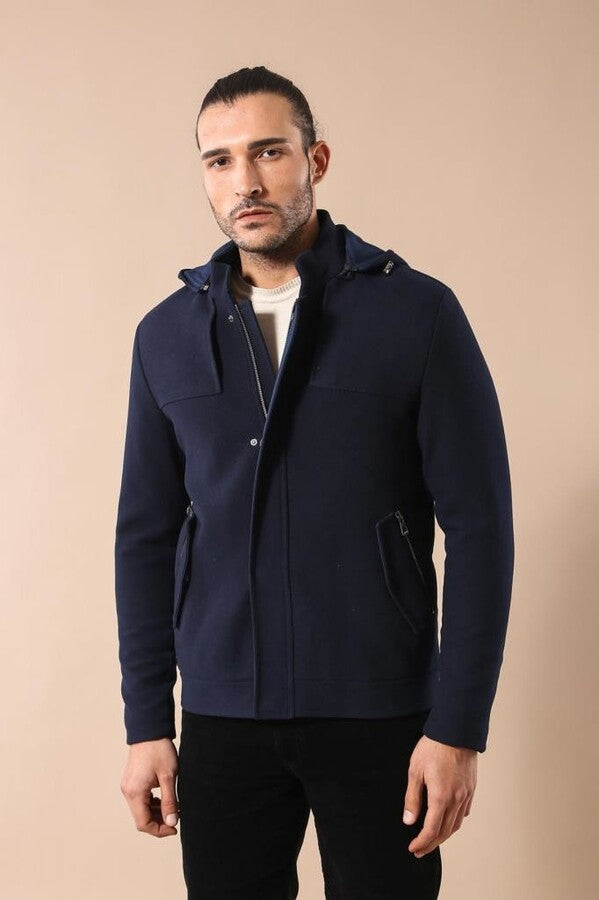 WSS Zippered Sleeve Hooded Blue Men Coat  - Sammamish