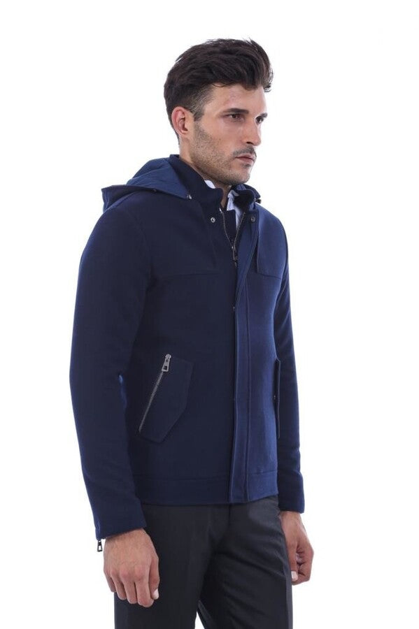WSS Zippered Sleeve Hooded Blue Men Coat  - Sammamish