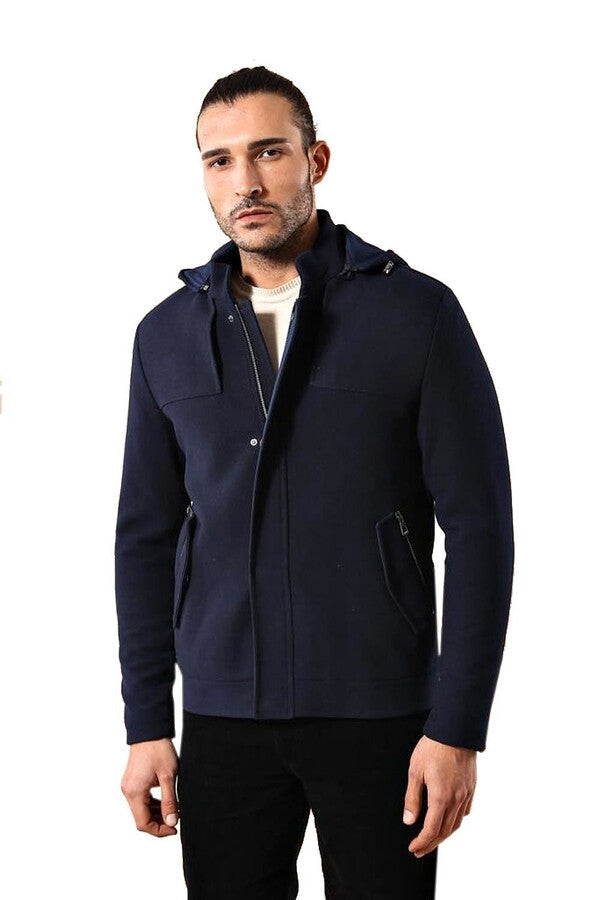 WSS Zippered Sleeve Hooded Blue Men Coat  - Sammamish