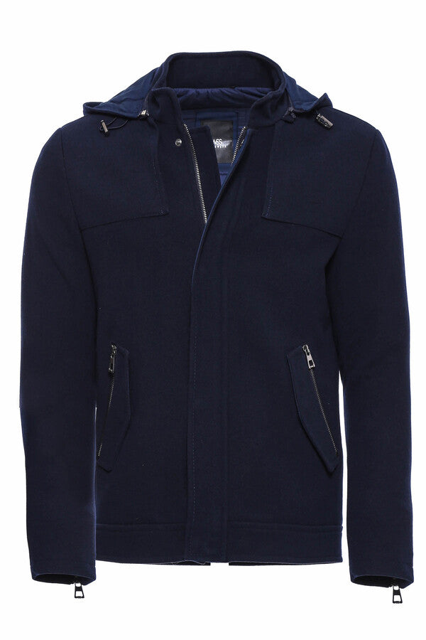 WSS Zippered Sleeve Hooded Blue Men Coat  - Sammamish