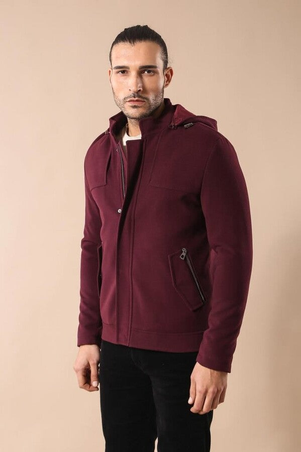 WSS Zippered Sleeve Hooded Burgundy Coat  - Revere