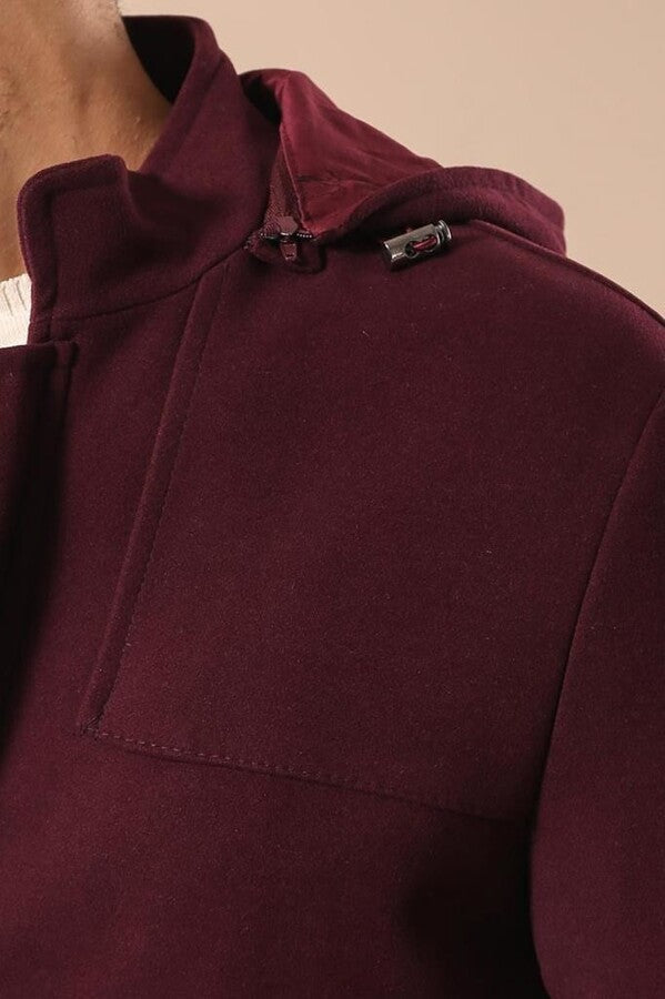 WSS Zippered Sleeve Hooded Burgundy Coat  - Revere