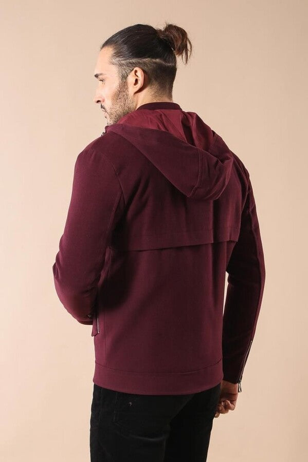 WSS Zippered Sleeve Hooded Burgundy Coat  - Revere